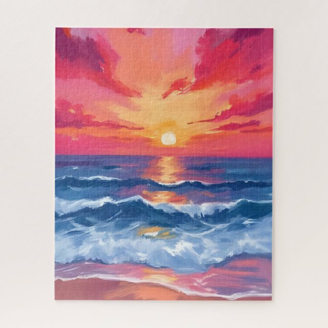 Puzzle Coucher de soleil sur la côte fuchsia | Aquarelle  (Vertical)