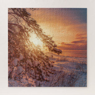 Puzzle Coucher de soleil sur la mer et le pin