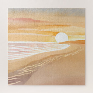 Puzzle Coucher de soleil sur la plage aquarelle   Beau ja
