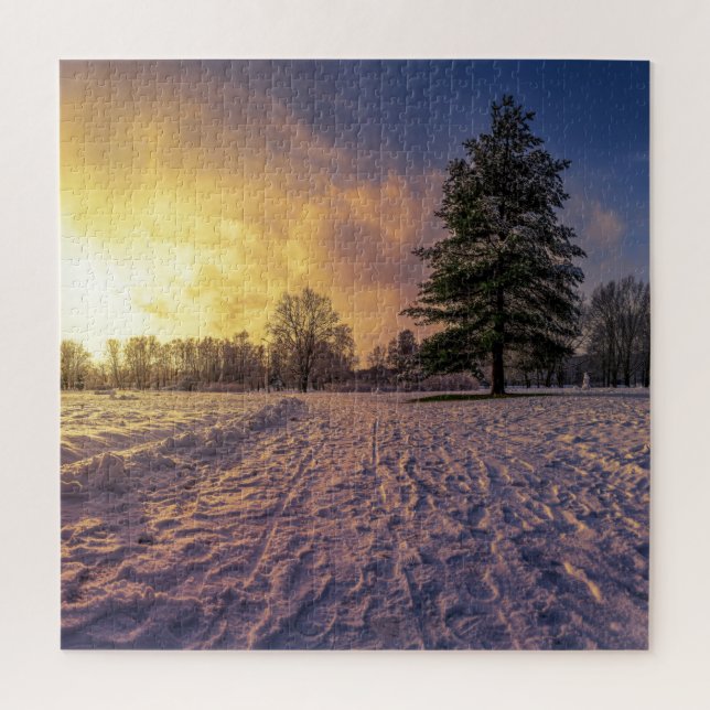 Puzzle Coucher de soleil sur le parc d'hiver enneigé (Vertical)