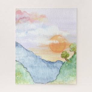 Puzzle Coucher de soleil sur les montagnes et les arbres