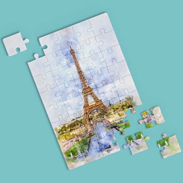 Puzzle Coucher de soleil Tour Eiffel Paris Aquarelle fran (Sunset Eiffel Tower Paris French Watercolor. Jigsaw Puzzle)