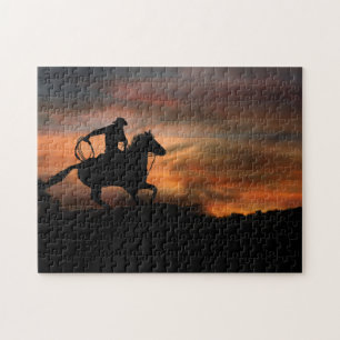 Puzzle Coucher du soleil de Cowboy et Horse Riding