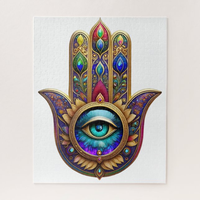 Puzzle Couleurs de Paon Doré Hamsa Saphir Vert Troisième  (Vertical)