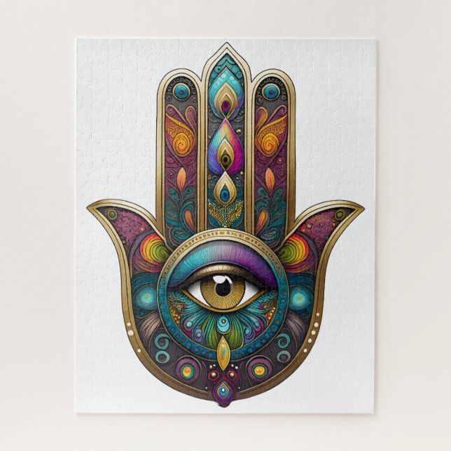 Puzzle Couleurs de paon Hamsa avec troisième œil en or (Vertical)