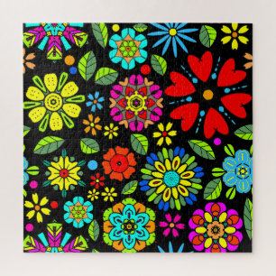 Puzzle Couleurs Néon Sur Noir Retro Floral Motif sans cou