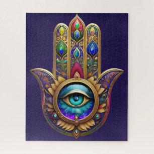 Puzzle Couleurs Paon Doré Hamsa Saphir Vert Troisième Œil