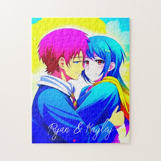 Puzzle Couple Anime personnalisé accolé rose et bleu (Vertical)