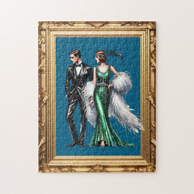 Puzzle Couple Art Déco Dans Un Cadre Or (Vertical)