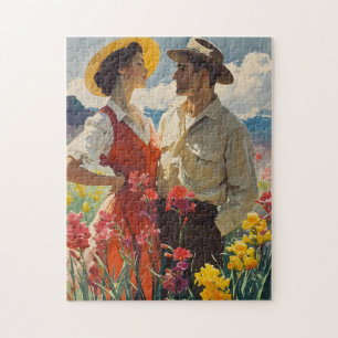 Puzzle Couple au milieu des orchidées 1950 Vintage