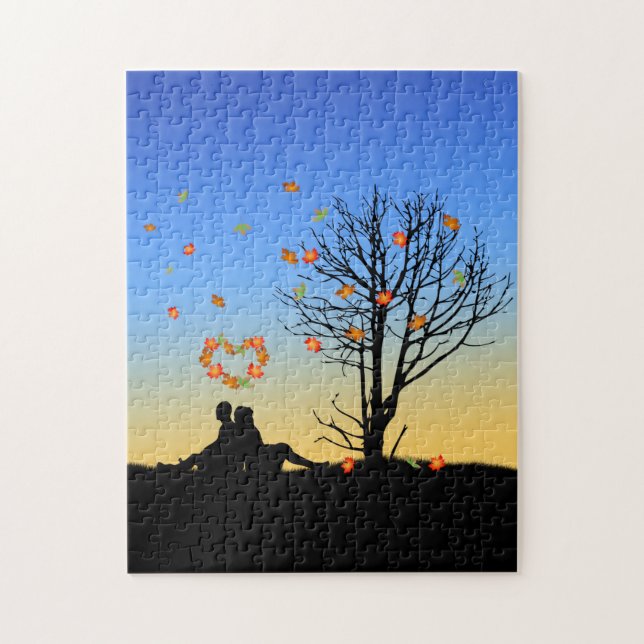 Puzzle Couple aux feuilles d'automne en forme de coeur (Vertical)