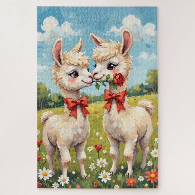 Puzzle Couple d'Alpacas Mignons avec Rubans Rouges Art (Vertical)