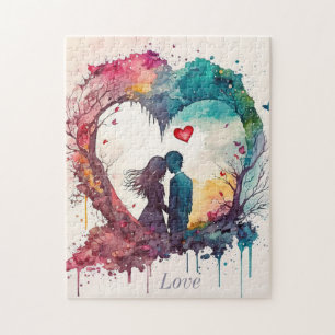 Puzzle Couple d'aquarelle dans le coeur Valentine's
