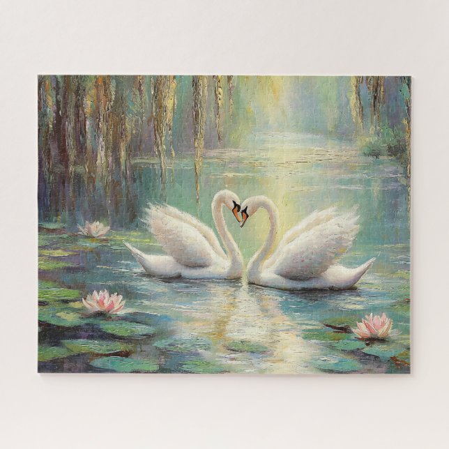 Puzzle Couple de cygne romantique à Lily Pond Art (Horizontal)
