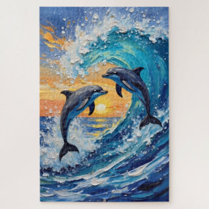 Puzzle Couple de dauphins Saut gracieux au coucher du sol