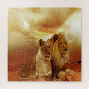 Puzzle Couple de lion au coucher du soleil