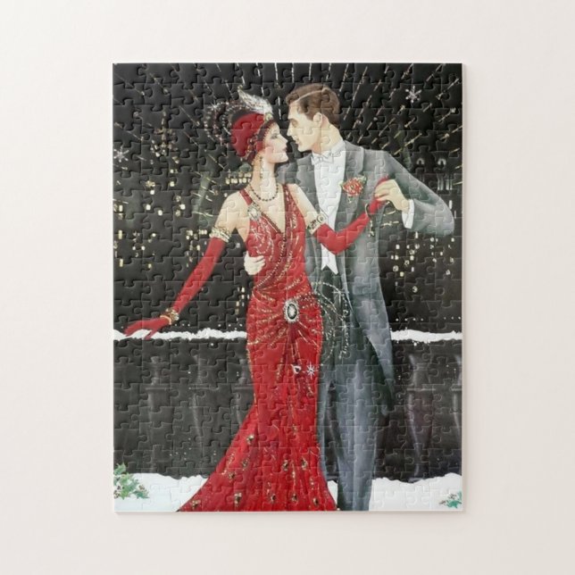 Puzzle couple de Noël art déco rétro (Vertical)
