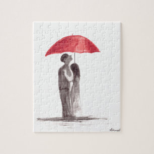 Puzzle Couple de parapluie rouge
