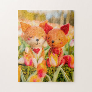 Puzzle Couple de renards en feutre dans un champ de tulip