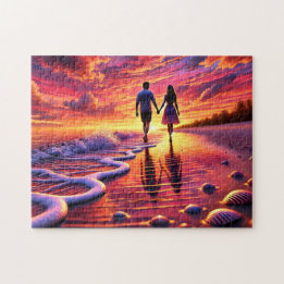 Puzzle Couple de romance au bord de la plage, promenade a