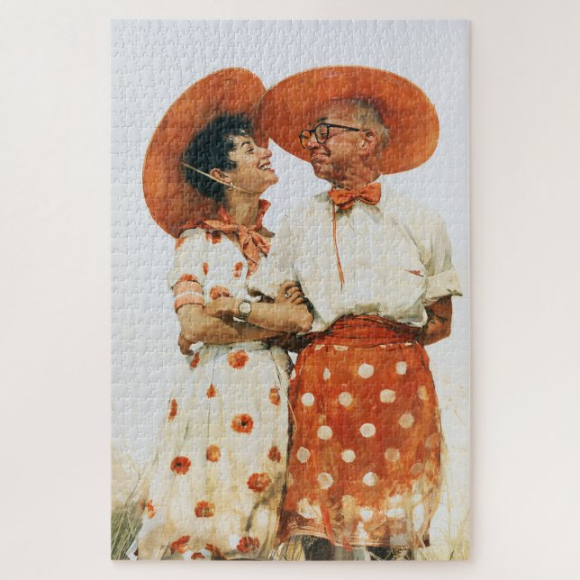 Puzzle Couple d'été vintage avec chapeaux orange (Vertical)