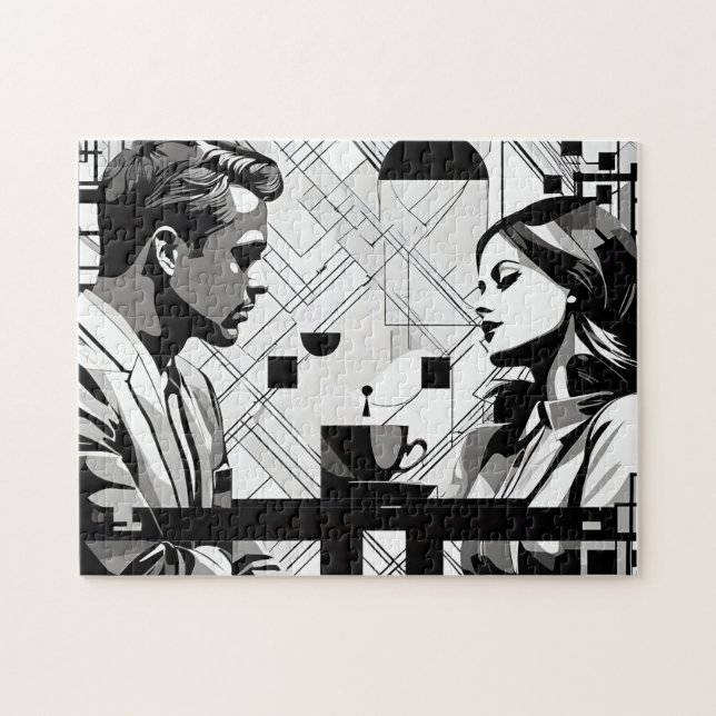 Puzzle Couple d'Intrigue en noir et blanc Café moderne (Horizontal)