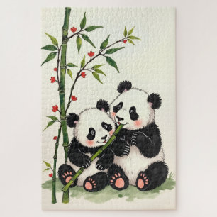 Puzzle Couple d'ours pandas, amour simple, art à l'encre