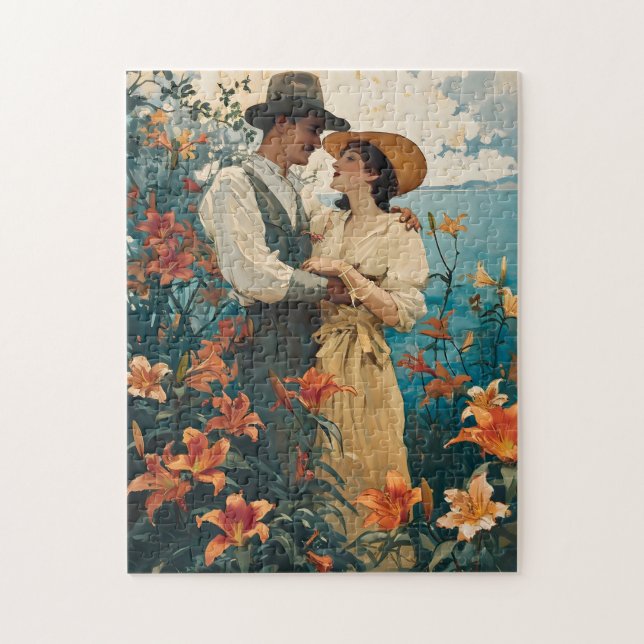 Puzzle Couple romantique en Vintage champ de Lily (Vertical)