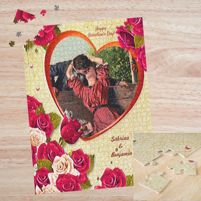 Puzzle Couple romantique Vintage Valentine Coeur et Roses (Romantic Couple Vintage Valentine Heart and Roses Jigsaw Puzzle)