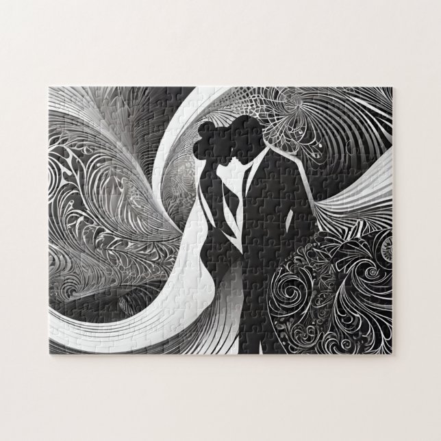 Puzzle Couple Silhouette Noir & Blanc Élégant (Horizontal)