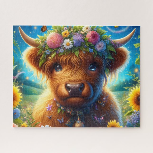 Puzzle Couronne de fleurs Vache des Highlands (Horizontal)