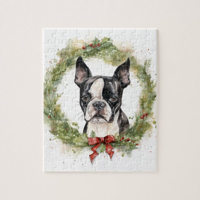 Puzzle Couronne de Noël de Terrier de Boston Chien festif (Vertical)