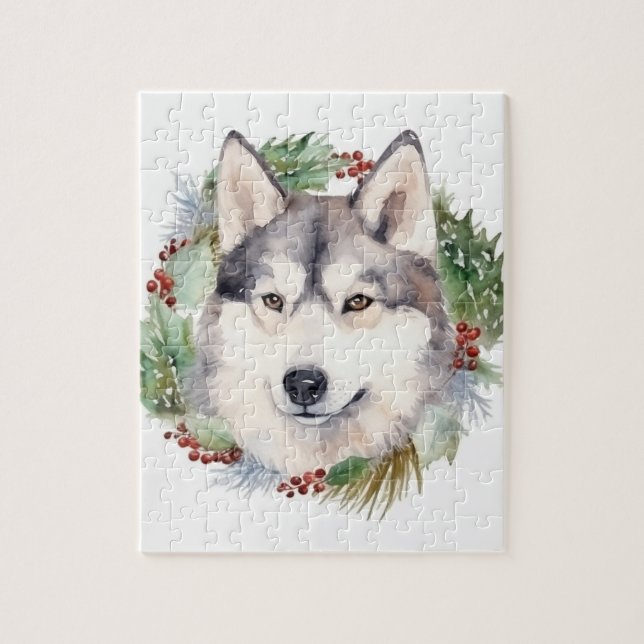 Puzzle Couronne de Noël festive avec Husky sibérien (Vertical)