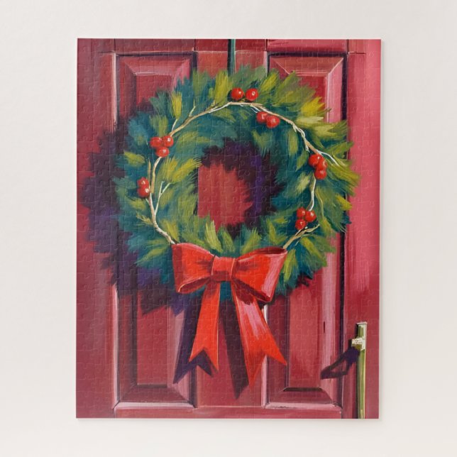 Puzzle Couronne de Noël Porte Rouge Aquarelle (Vertical)