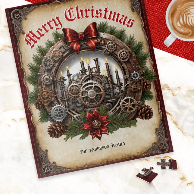 Puzzle Couronne de Noël Rouages Bougies Steampunk Personn (A Christmas jigsaw puzzle with Steampunk theme, with festive wreath, cogs, pinecones and candles)