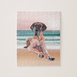 Puzzle Coutume Grand Chien Danse assis sur la plage