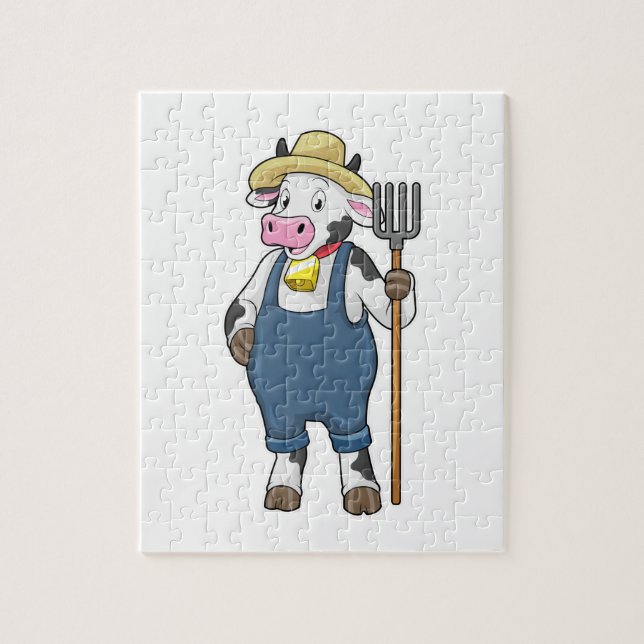 Puzzle Cow as Farmer with Pitchfork (Vertical)