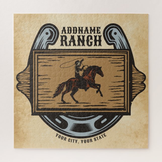 Puzzle Cow-boy Lasso ADD NAME Western Family Ranch Cheval (Vertical)