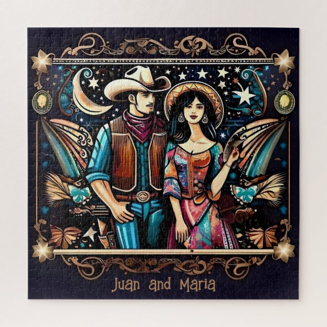 Puzzle Cowboy et femme noir et or (Vertical)