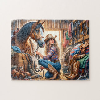 Puzzle Cowgirl and Horse in Barn Stable at Ranch