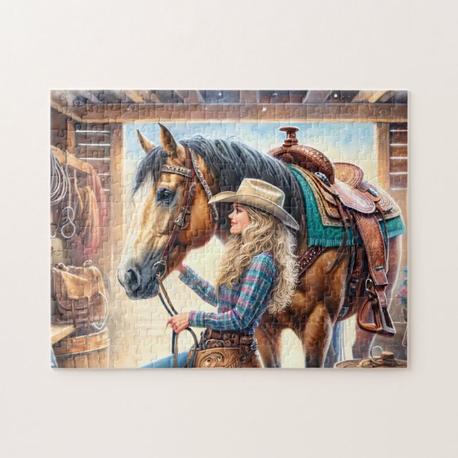 Puzzle Cowgirl and Horse Rustic Western Barn (Horizontal)