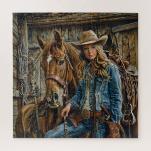 Puzzle Cowgirl rustique en denim avec cheval de grange we