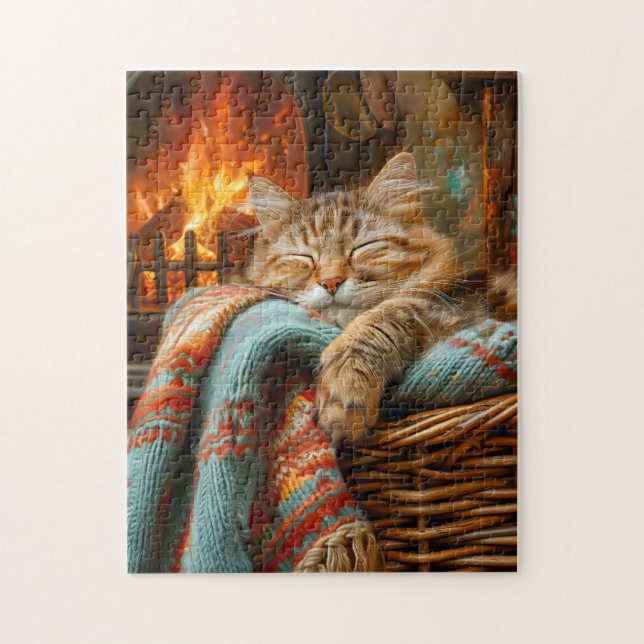 Puzzle Cozy Cat Sleeping in Basket by Warm Fireplace (Vertical)