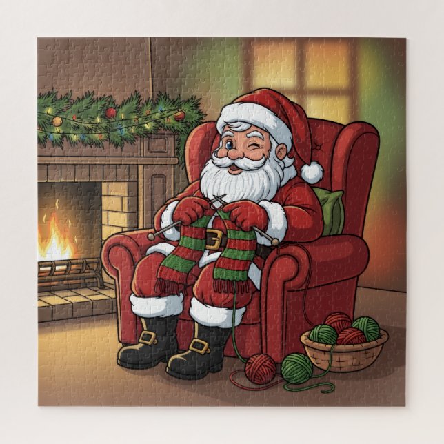 Puzzle Cozy Christmas Santa Knitting by the Fireplace (Vertical)
