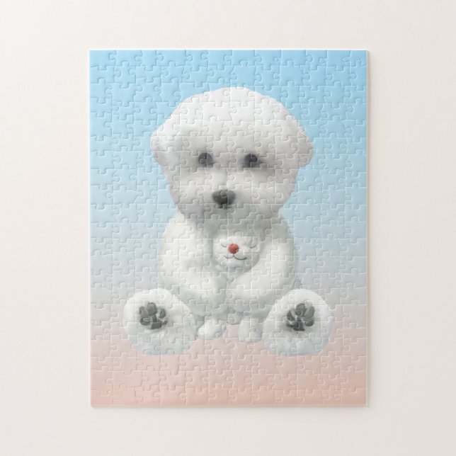 Puzzle Cozy Plush Moment: Smiling Bichon Hugging Mini Pup (Vertical)