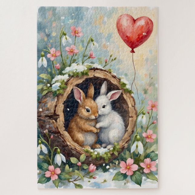 Puzzle Cozy Rabbits Huddled with Valentine Balloon (Vertical)