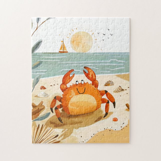 Puzzle Crabe de dessin animé sur la plage avec un bateau  (Vertical)
