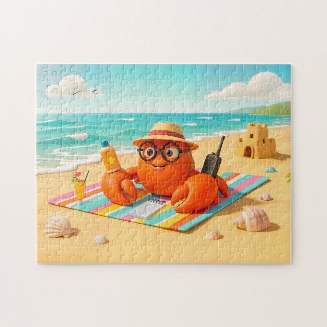 Puzzle Crabe espion se relaxant sur la plage avec son équ (Horizontal)