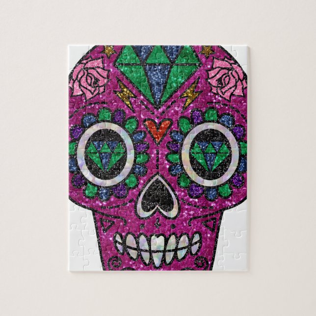 Puzzle crâne de sucre parties scintillant rose (Vertical)