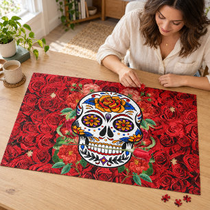 Puzzle Crâne de sucre rose Roses rouges Vacances Grand